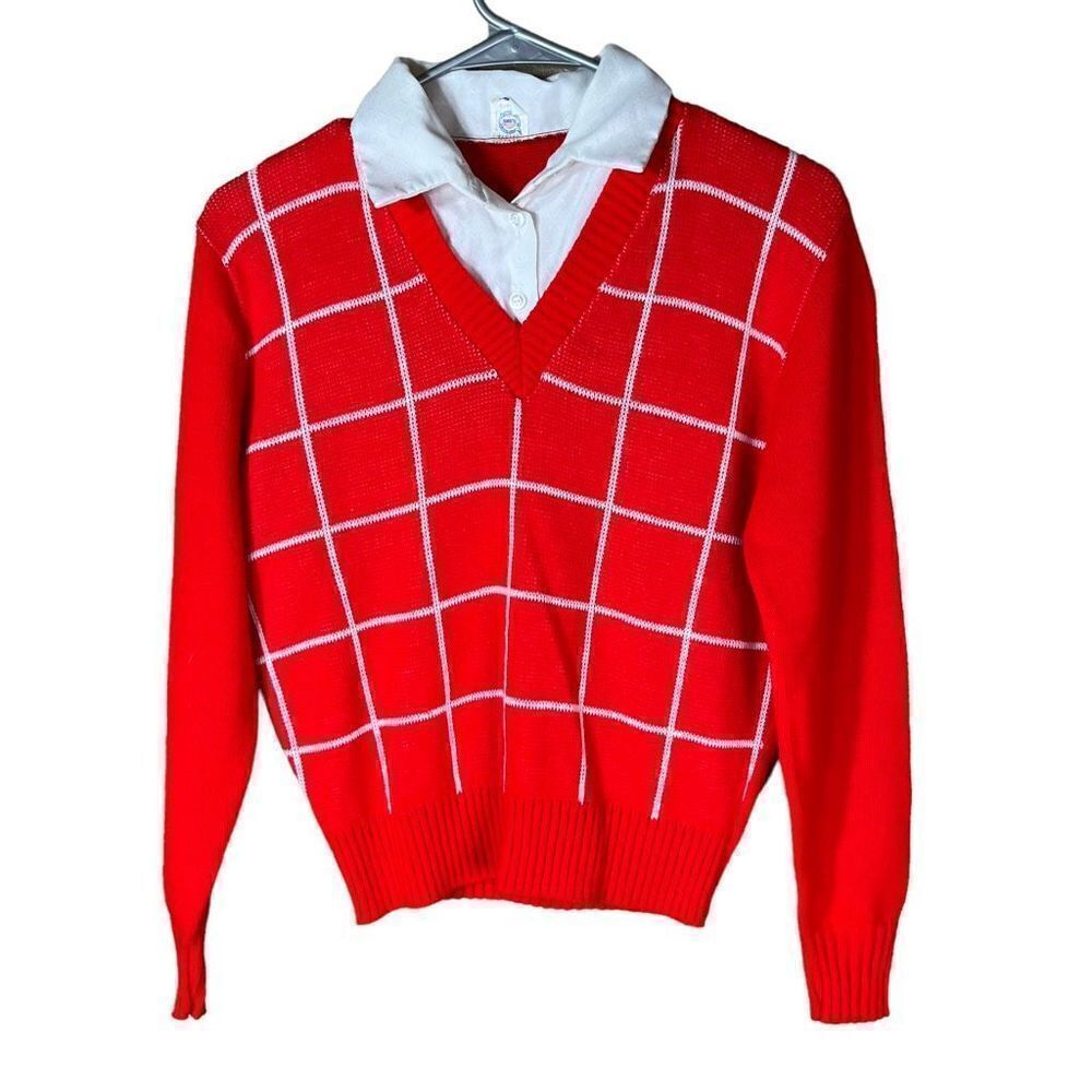 Vintage Women’s collared Red White Sweater Size Large‎
